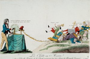 Francia forradalom: a despotizmus vége. Egy ember elektromos kisüléseket (emberi jogi hajtókar) küld a trónjukról leeső európai uralkodóknak. Metszet 1789 körül. Párizs, Musee Carnavalet alkotó: Unknown artist