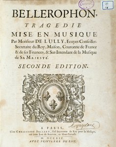 A „” Bellerophon „” Lyrique tragédiájának frontképe öt felvonásban Jean Baptiste Lully (Giovanni Battista Lulli) (Jean-Baptiste) (1632-1687) prológusával. 1714. alkotó: Unknown artist