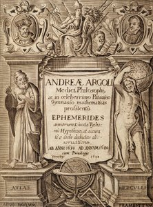 Andreas Argoli "Ephemerides" frontispice Herkulesszal és Atlasszal alkotó: Unknown artist