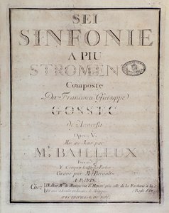 A Sei sinfonie a piu strumenti op. partitúrájának frontképe. 5 (első szimfónia), Francois Joseph Gossec alkotó: Unknown artist