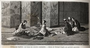 Temetési szertartások: az utolsó szentségek szerzetese. Aime Humbert, a Svájci Államszövetség minisztere, a „Le tour du monde, nouveau Journal des voyages” 1863–1864-es japán utazását illusztráló metszet, amelyet Edouar irányítása alatt adtak ki. alkotó: Unknown artist