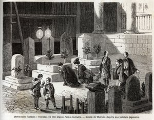 Temetési szertartások: sír, ahol a hamvas urnát helyezik el. Aime Humbert, a Svájci Államszövetség minisztere, a „Le tour du monde, nouveau Journal des voyages” 1863–1864-es japán utazását illusztráló metszet, amely a következő irányítása alatt jelent meg. alkotó: Unknown artist
