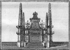 Pápa temetése a 18. században: a néhai pápa katafalkja. Metszet a „Histoire des vallások”-ba. alkotó: Unknown artist