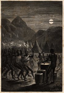 Temetési szertartás a lakuták (a Felső-Nílus vidékén található törzs) között, dobok és rituális táncok a holdfényben. Engravure pour illustration le voyage au lac Albert, en 1861-1864, Sir Samuel White Baker, „Le tour du monde, nouveau journal des alkotó: Unknown artist