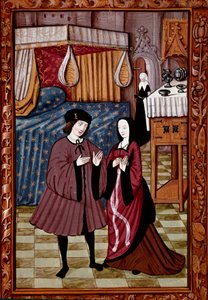Galáns találkozás a hálószobában Valószínűleg Jean III de Brush és Louise de Laval szerelme. Miniatűr kéziratból ms. 1475 alkotó: Unknown artist
