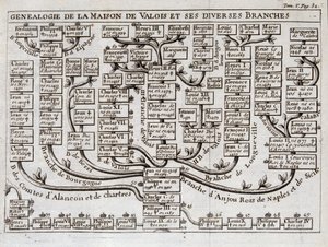 A Valois-ház genealógiai fája és különféle ágai - in „” A Sieur de Chevigni kard- és ruhaudvarának szereplőinek tudománya alkotó: Unknown artist