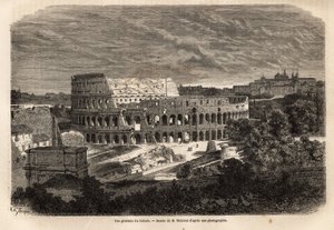 A Colossee általános képe, Rómában, Titus császár uralkodása alatt 80-ban elkészült Flavius amfiteátrum, 75 000 fő befogadására alkalmas, egészen a 6. századig szolgált, a császári Róma jelképe, a Forum Romanumtól keletre található. van alkotó: Unknown artist