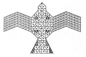 A Sulbasutra geometriája: a tűzoltár sólyom formájú terve. Az áldozati oltárok építési szabályaira utaló matematikai séma India védikus korszakából (Kr. e. 1500-500). A Bengáli Ázsiai Társaság folyóirata alkotó: Unknown artist