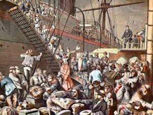 Német emigránsok New Yorkba hamburgi gőzhajóra szállva 1874-ben, metszet - (Deutsche Emigranten) alkotó: Unknown artist