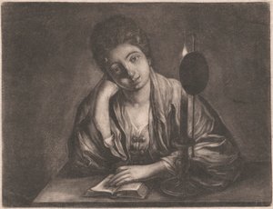 Gyertyafénynél olvasó lány alkotó: Unknown artist