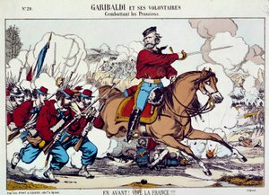 Giuseppe Garibaldi (1807-1882) önkénteseivel harcolt a poroszok ellen. „Előre, éljen Franciaország” 1871 körül. Metszet B.N. Párizs alkotó: Unknown artist