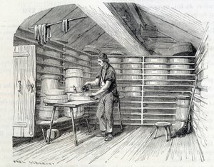Gruyère sajtüzlet egy svájci faházban (a tészta mosása) – Louis Figuier „Az ipar csodái” c. alkotó: Unknown artist