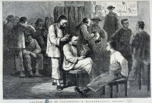 Fodrászat a kaliforniai kínai közösségben - gravírozás alkotó: Unknown artist
