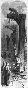 Olajfára akasztott Ördög, XI. Lajos borbély. Metszet a 19. századból. alkotó: Unknown artist
