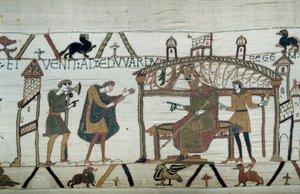 Harold, aki visszatért Angliába, miután a Hódító Vilmos hercegnél (1027-1087) volt nagykövetsége, elmesélte a gyóntató Edward királynak tett utazását. A Bayeux-i kárpit vagy Mathilde királynő hímzése részletei alkotó: Unknown artist