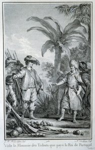 Íme a portugál király által fizetett adók pénzneme: a portugál kereskedelem a gyarmatokon – Guillaume Thomas Raynal „Az európai intézmények filozófiai és politikai története és a két India kereskedelme” című könyvében. Lapát alkotó: Unknown artist