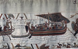 Harold II (1022-1066) hajója a vihar által eltérített Ponthieu partján rekedt – Bayeux Tapestry, Mathilde királynő hímzéseként ismert. alkotó: Unknown artist