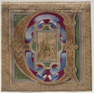 Történelmi kezdőbetű (E) kivágva a Colonna Misekönyvből: Szent István vértanúsága alkotó: Unknown artist