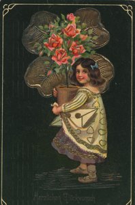 Történelmi üdvözlőlap egy gyermekkel és egy nagy cserepes növénnyel, rózsával alkotó: Unknown artist