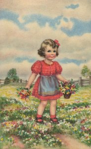 Történelmi képeslap egy boldog lánnyal a réten, üdvözlőlap alkotó: Unknown artist