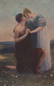 Történelmi üdvözlőlap történelmi motívummal, nővel és a középkor harcosával alkotó: Unknown artist