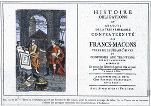 A szabadkőművesek legtiszteletreméltóbb frakciójának történelem kötelezettségei és statútumai: Reinhardt Jr. (1742) által metszett cím és előlap a Harmadik testvére híres művéhez, ahol Anderson „Con” című művének lényeges részeit lefordították. alkotó: Unknown artist