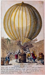 A léggömbök története: aerosztatikus tapasztalat a párizsi Champ de Mars-on 1783.08.27-én: a ballont Jacques Charles (1746-1823) töltötte meg hidrogéngázzal. Metszet a 18. századi Párizsról, B.N. alkotó: Unknown artist