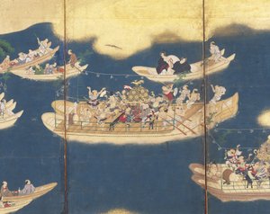 Hiyoshi-Sann? Fesztivál (tinta, színes és aranylevél papíron, hat paneles képernyő) alkotó: Unknown artist