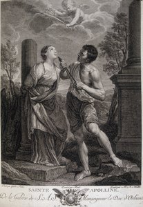 Szent Appoline-nak az üldöztetések alatt kitörik a fogai, mert nem volt hajlandó adót fizetni a római istenek előtt. 17. századi metszet. alkotó: Unknown artist