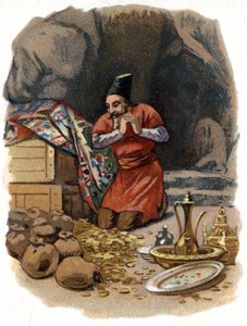 Illusztráció az Ezeregyéjszaka meséihez. Ali Baba (Ali-Baba) belép a sziklába, mondván: Szezám kinyit, és aranyhordókat lát. Kromolitográfia 1890 körül. alkotó: Unknown artist