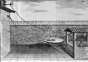 Luigi Galvani olasz fizikus és orvos (1737-1798) kísérleteinek illusztrációja, amely elmagyarázza a béka lábait mozgató elektromos áram áthaladását. alkotó: Unknown artist