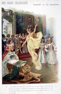 Illusztráció Charles Perrault (1697) "Riquet à la houppe" című meséjéről: a tündér bejelenti a királynőnek, hogy a most született hercegnő olyan hülye lesz, mint amilyen szép. ""Au bon marché"" plakát a 19. századból. alkotó: Unknown artist