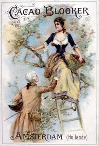 A Blooker Cocoa reklámillusztrációja, amely egy fiatal férfit ábrázol 18. századi divat szerint, amint egy fiatal nőt segít le a létrán. alkotó: Unknown artist