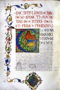 Szent Ágoston "De civitate Dei" kéziratának incipituma. 15. századi kézirat. Milánó, Bibl, Trivulziana. alkotó: Unknown artist