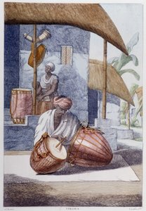 Indiai kultúra, civilizáció és társadalom: zenész hagyományos indiai ütőhangszerekkel (Tikora). Metszet 1808-ból. alkotó: Unknown artist