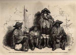 Cuzco (Peru) indiánjai, a manta vetusai, szandálok és hagyományos sombrero, akiket a Chincha-szigetek guanólelőhelyeinek kiaknázására alkalmaztak, vízipipát isznak, de erjesztett pálinkát. Metszet a Les iles Chincha illusztrálására, L.Simo rekt alkotó: Unknown artist