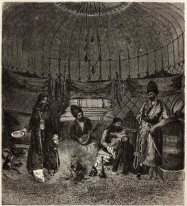 Egy családnak otthont adó török sátorban (Turkmena, Irak), ahol egy barhchi (zenész, mesemondó) dutare kíséretében énekel vagy verset mond, nagyon megragadják ezeket a művészeket. Metszet Henri de Blocqueville történetének illusztrálására „14 mois de capti alkotó: Unknown artist