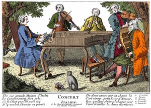Olasz koncert (barokk zene) 1. Scarlatti (csembaló) - 2. giuseppe Tartini (hegedű) - 3. Apa (apa) Martini (Giovanni battista) (fuvola) - 4. Locatelli (hegedű) - 5. Lanzetti (brácsa) - 6. Éneklő macska. 18. századi metszet alkotó: Unknown artist