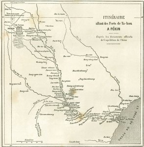 Útvonal a Hai He folyó mentén Tien Tsin közelében (Tien-Tsin, Tiencsin) Pekinbe (Peking, Kína). Térkép, in "" Le Tour du Monde, New Journal of Travels ", szerkesztette: Edouard Charton, Párizs alkotó: Unknown artist