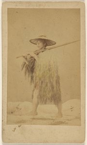 [japán férfi szalmakalapot és kalapot visel, hosszú rudat tart a kezében] alkotó: Unknown artist