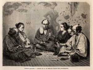Japán játékosok a kártyák közepén. Metszet Japán illusztrálására, Aime Humbert, a Svájci Államszövetség miniszterének utazási története 1863-1864-ben, amelyet a „Le tour du monde, nouveau Journal des voyages” jelent meg Edouard Charton irányítása alatt. alkotó: Unknown artist