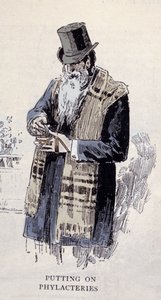 Zsidó vallás: egy imalimet (Talit vagy Tzitzit) viselő zsidó öregember, metszet 1890-ből alkotó: Unknown artist