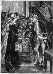 John Paul Jones meglátogatja Lady Selkirket, miután emberei elvitték az értékeit – Amerikai haditengerészet: John Paul Jones (1747-1792) az amerikai függetlenségi háború hősei és a Ranger legénysége rajtaütött Selkirk gróf kastélyán az Egyesült Államokban alkotó: Unknown artist