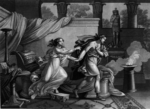József menekül Putiphar (Potifár) felesége elől, hogy elcsábítsa a 19. századi litográfia alkotó: Unknown artist