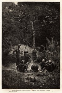 Kanák főznek az erdőben, Pamale területén. Jules Garnier bányamérnök 1863-1866-os új-kaledóniai utazását illusztráló metszet, amelyet a „Le tour du monde, nouveau Journal des voyages” szerkesztett Edouard C. alkotó: Unknown artist