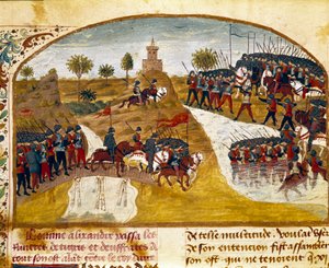 Nagy Sándor király (Kr. e. 356-323) és serege elhalad a Tigris és a Miniatűr Eufrátesz mellett Quintus Curtius Rufus (Quinte Curce) (1. század) „Nagy Sándor tények könyvéből” (1. század), 1468 körül. (Ms. 1335) Reims. Városi Könyvtár alkotó: Unknown artist