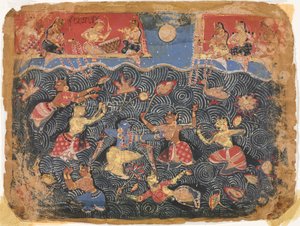 Krisna a gópikkal sportol a Jumna folyóban, egy Bhagavata Puránából alkotó: Unknown artist