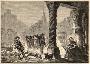 A főutca egynapos sétán Dol de Bretagne-ban – „” PATRIE” metszet” – LEÍRÁS PECTURESSE DE LA FRANCE EN 6 KÖTET: LUCIEN HUARD – 19. század vége alkotó: Unknown artist