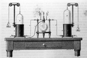 Lavoisier és Laplace készülékek víz képzésére üveglombikban égő oxigén és hidrogén gázok segítségével. századi metszet. alkotó: Unknown artist