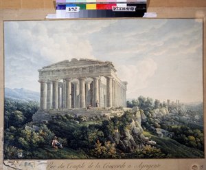 Concordia temploma Agrigentóban (Szicília, Olaszország) (The Temple of Concordia in Agrigento). Névtelen festmény. Akvarell, papír, 66,5 x 88 cm, 19. század eleje. Tájkép, romantika. Regionális Művészeti Múzeum, Vinnica (Ukrajna). alkotó: Unknown artist